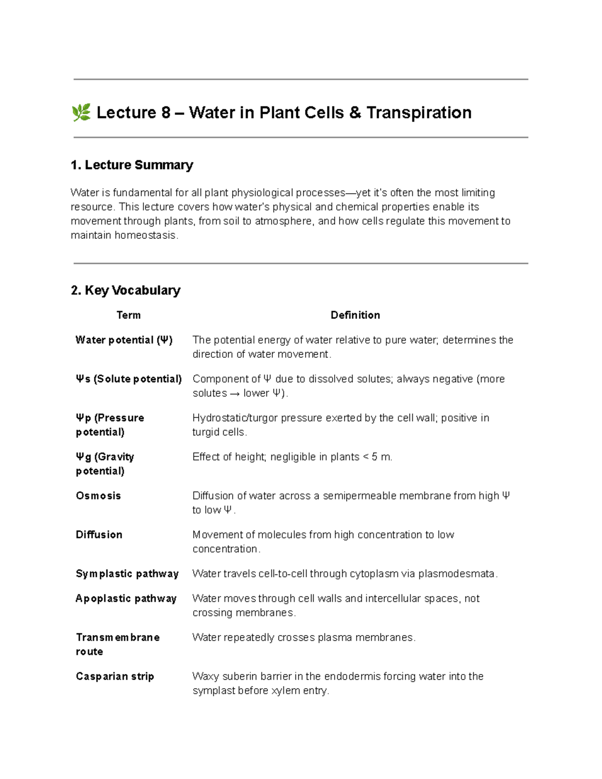 🌿 Lecture 8: Water in Plant Cells & Transpiration Summary - Studocu