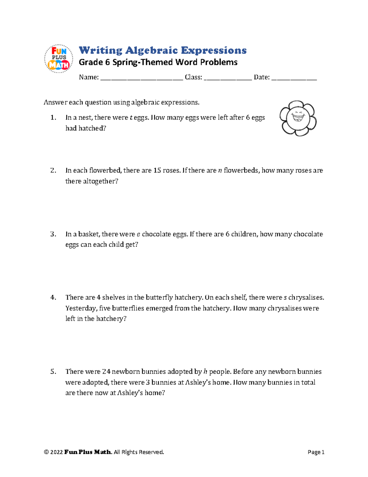 Grade 6 Writing Algebraic Expressions: Spring-Themed Word Problems ...
