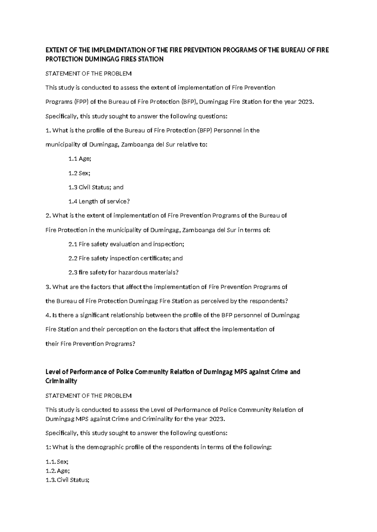 SOP - Assessment of Fire Prevention Programs at Dumingag BFP 2023 - Studocu