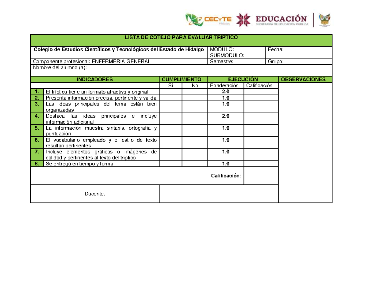 Lista De Cotejo Para Evaluar Un Triptico