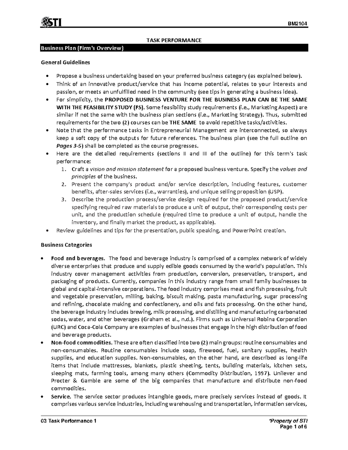 03 Task Performance 1: Business Plan Development Guide - Studocu
