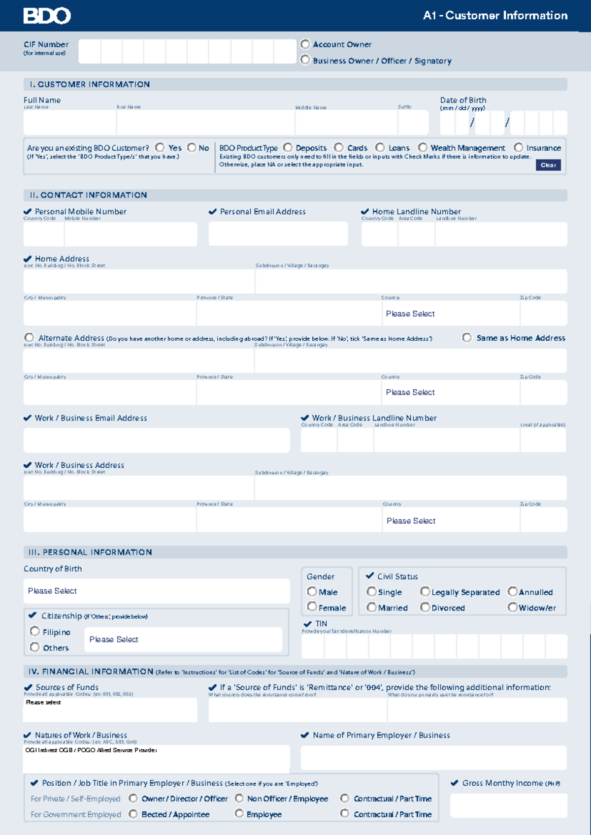 BDO A1 Principal Borrower Forms and Customer Information Guide - Studocu