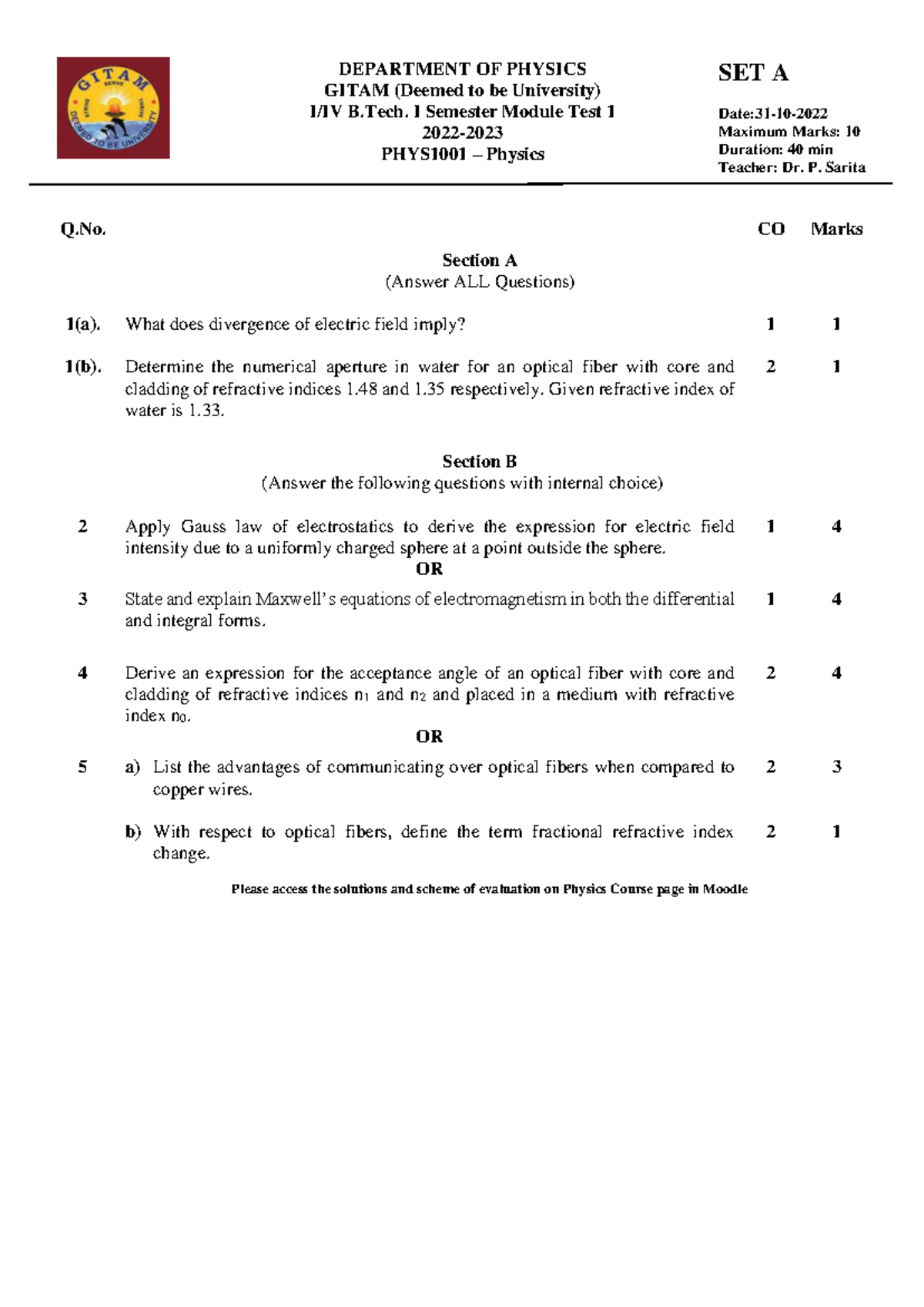PHYS1001 - Physics Module Test 1 (Sets A, B, C) Question Paper - Studocu