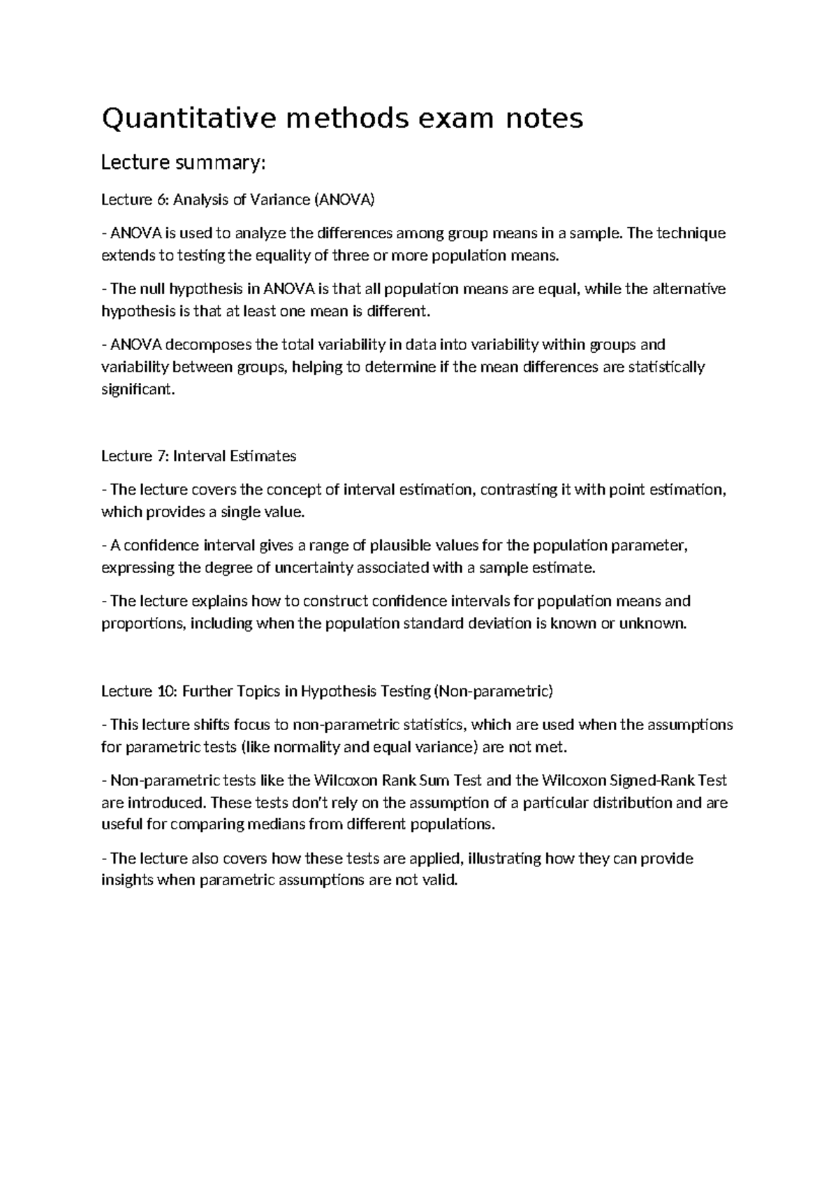Quantitative Methods (QM101) Final Exam Notes on ANOVA & Estimation ...