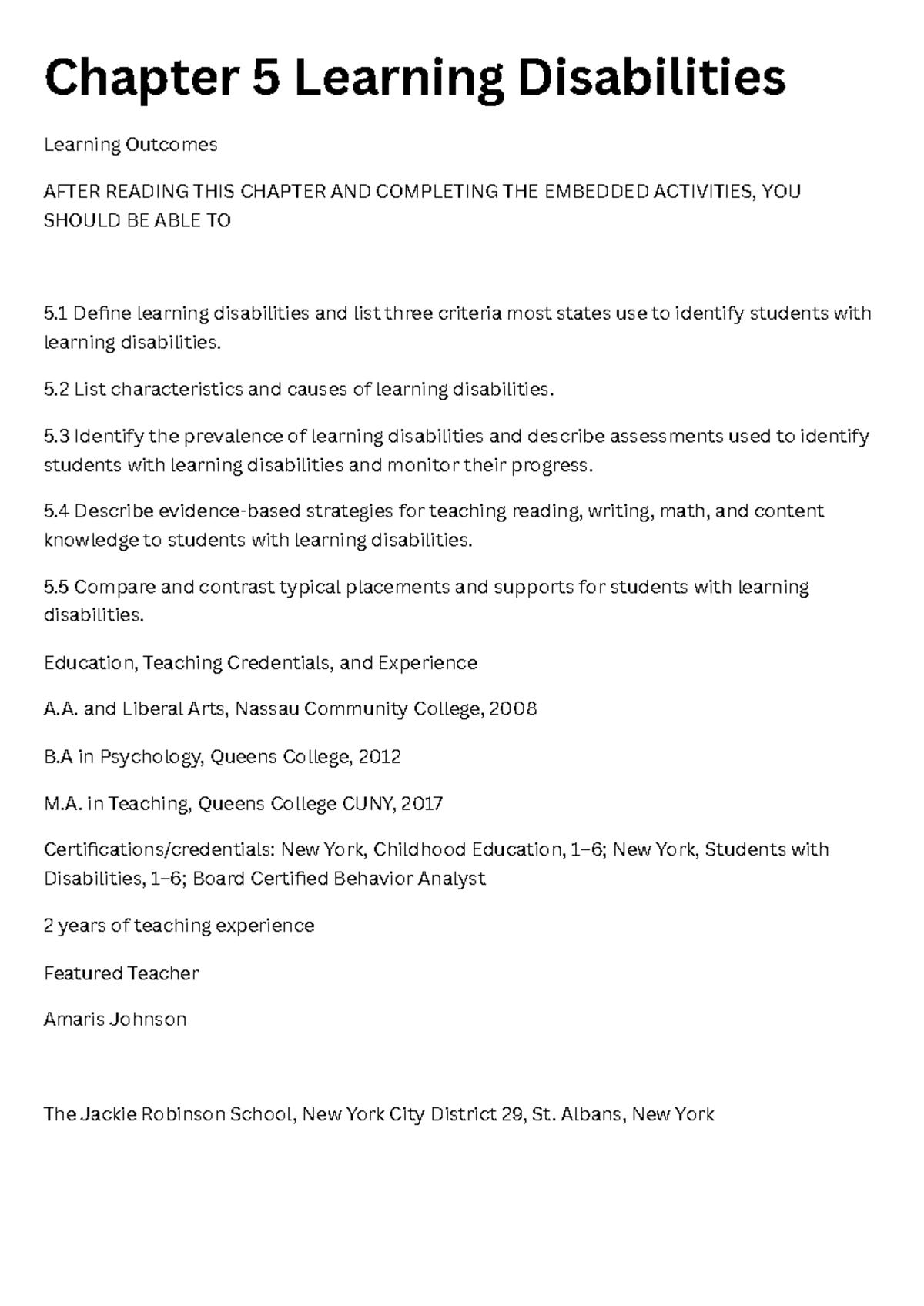 Chapter 5: Learning Disabilities - Key Outcomes and Strategies (EDU 101 ...