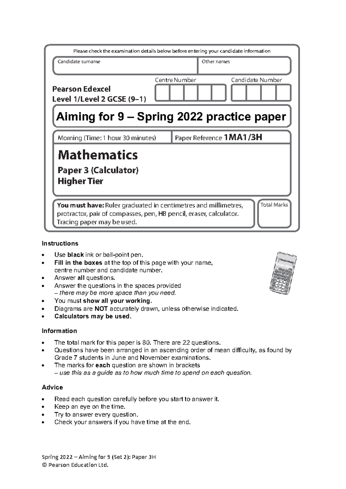 05 1MA1 3H - Aiming for 9 Practice Paper Set 2, Spring 2022 - Studocu