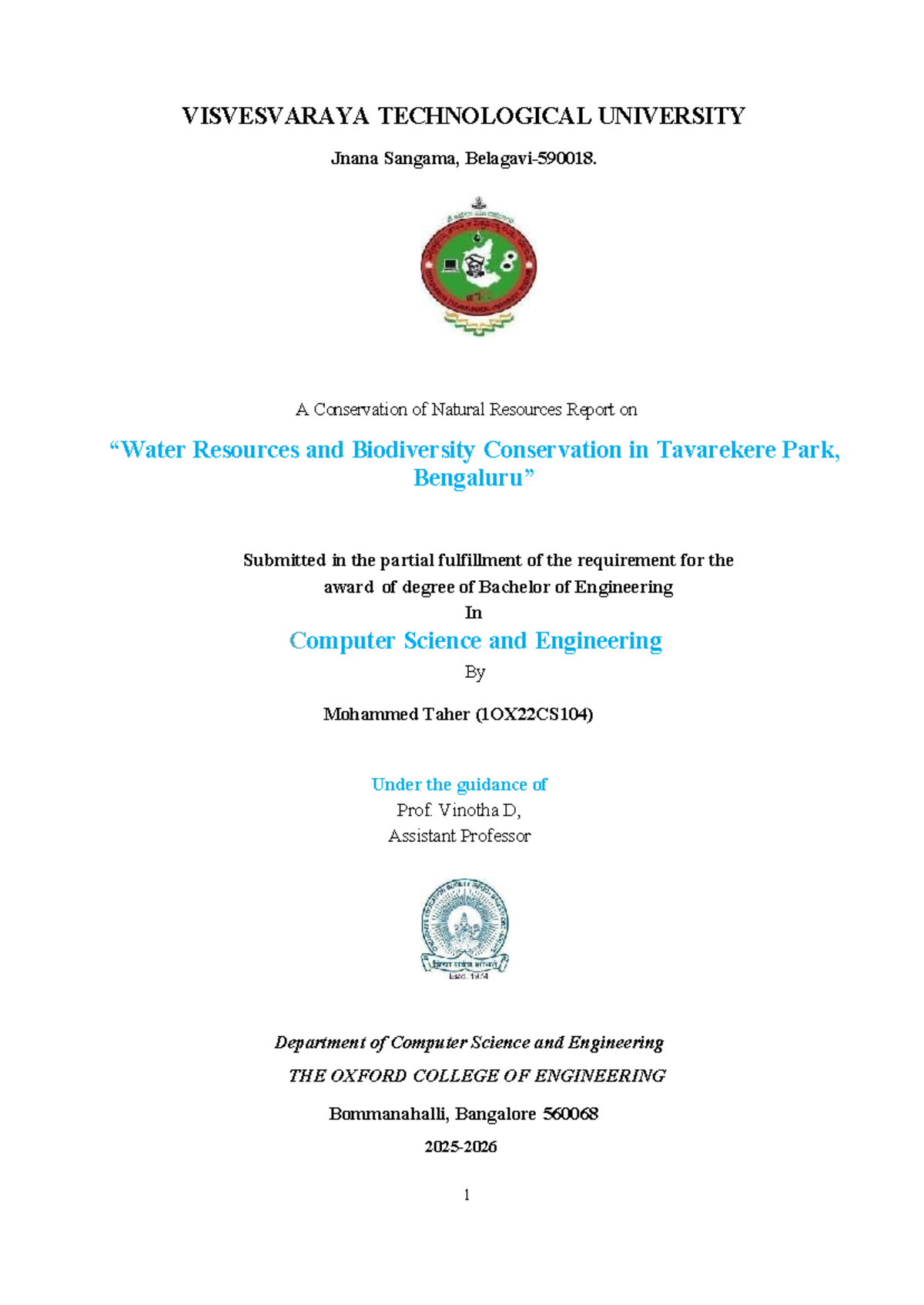CSE 7th Sem Project Report: Resources & Biodiversity in Tavarekere Park ...