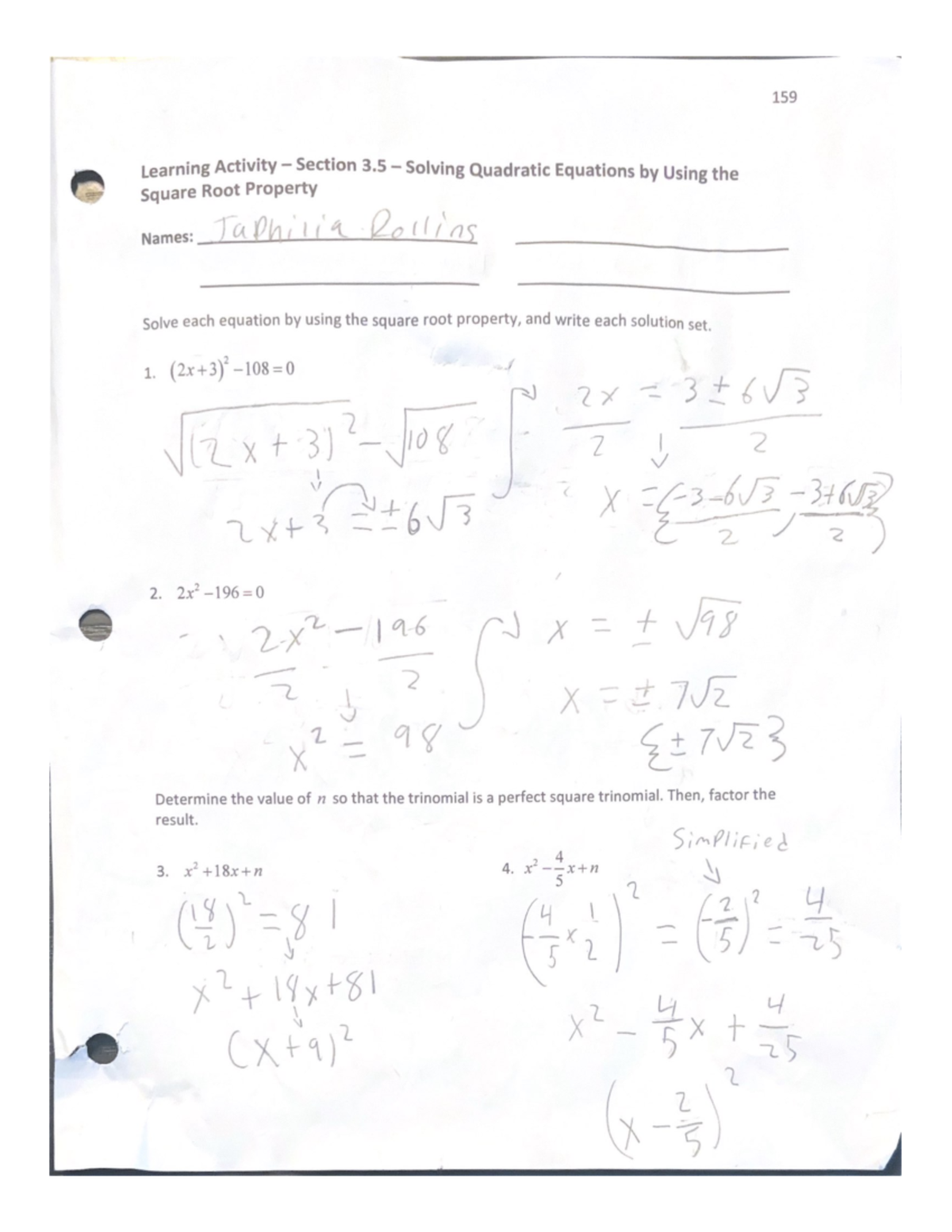 Learning Activity - Sec 3.5: Solving Quadratic Equations - Studocu