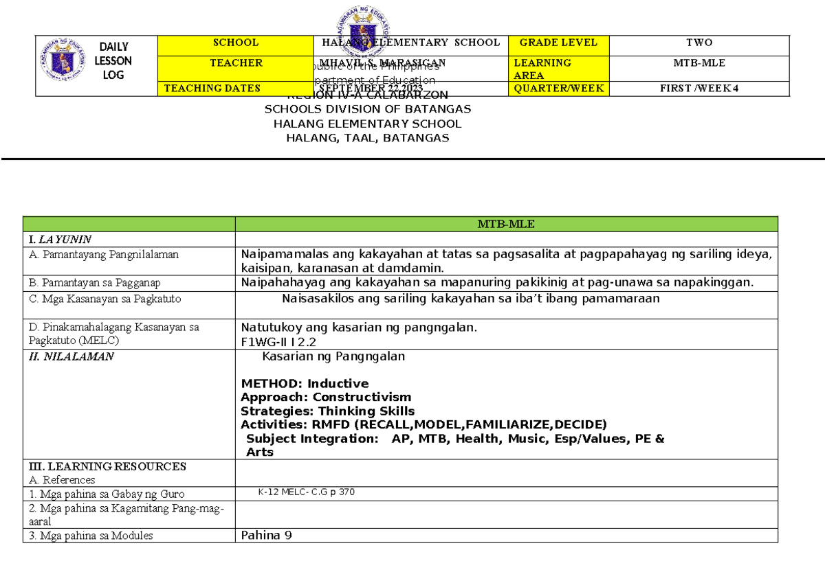 COT PLAN 1 MTB 2 - a simple plan that can help . - Republic of the ...
