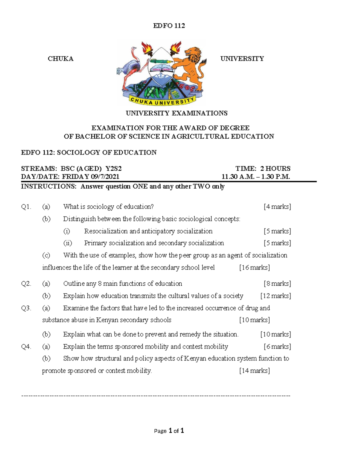 EDFO 112: Sociology of Education Exam Questions and Guidelines - Studocu