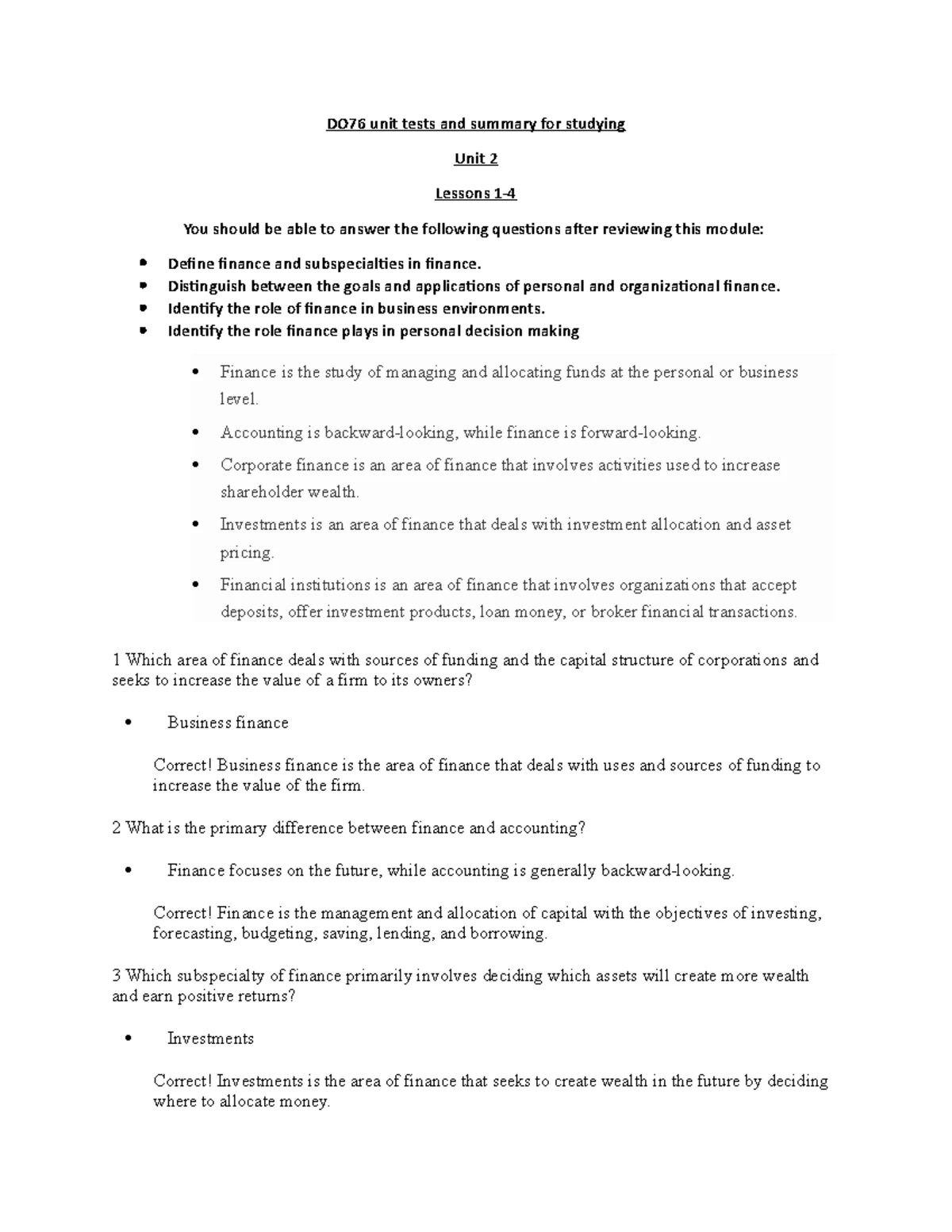 D076 Finance Assessment Study Guide: Key Concepts and Definitions - Studocu