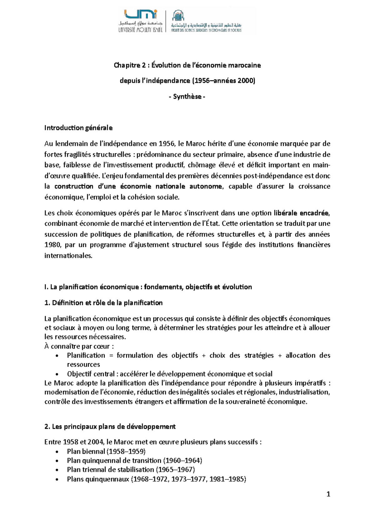 Synthèse Chapitre 2 : Évolution Économique du Maroc depuis 1956 - Studocu
