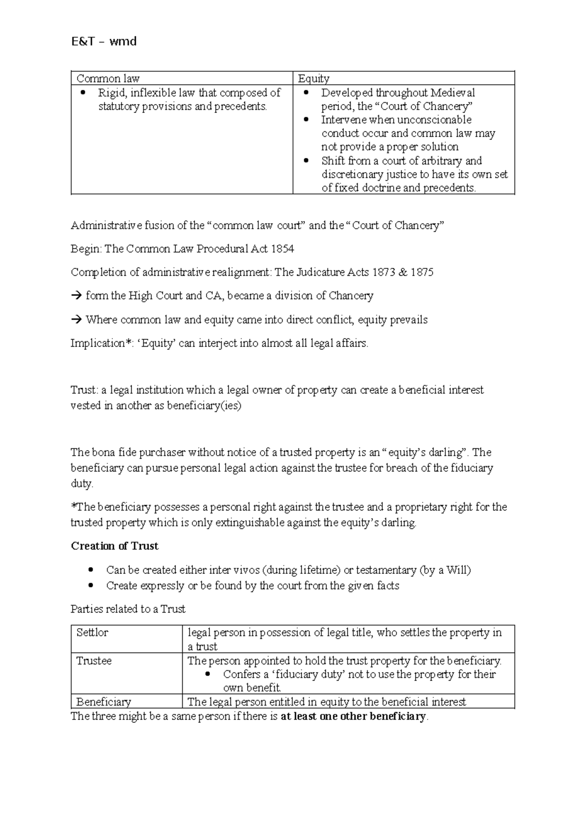 Equity & Trusts - WMD Lecture Notes on Common Law Principles - Studocu