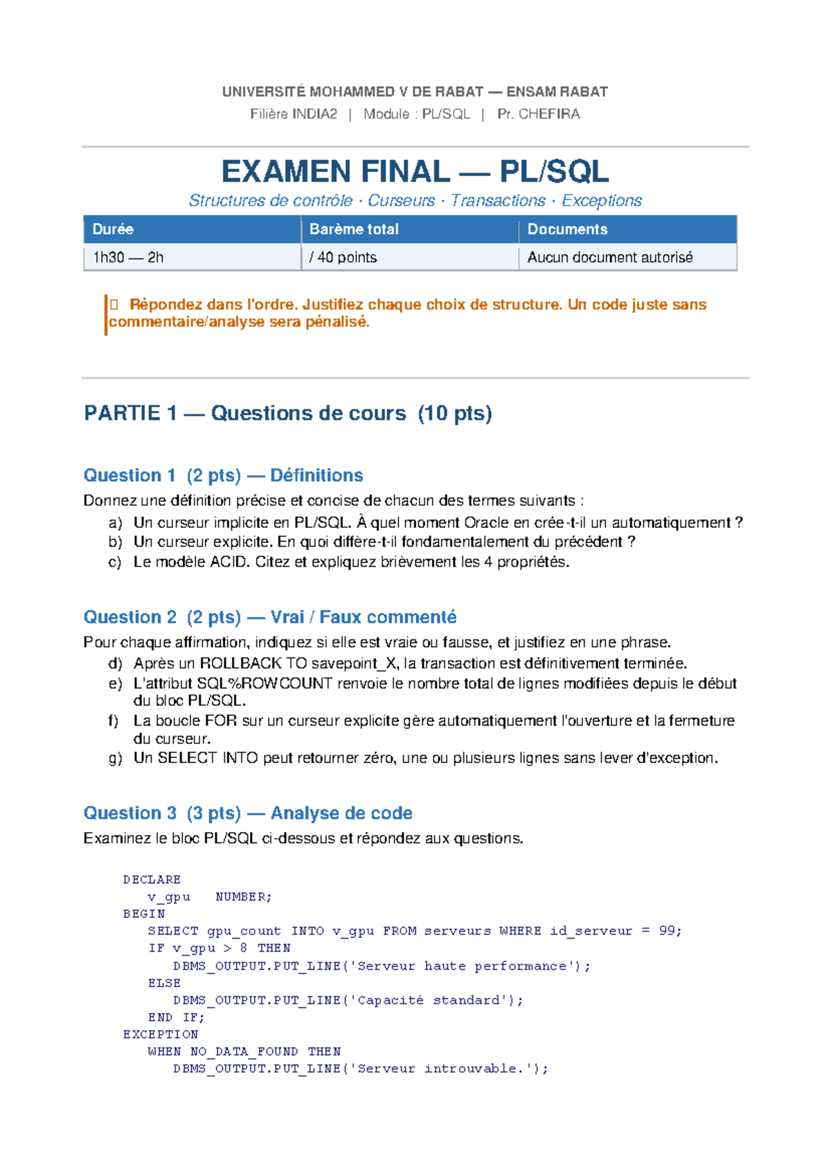 Examen Final PL/SQL INDIA2 - Structures de Contrôle et Transactions ...