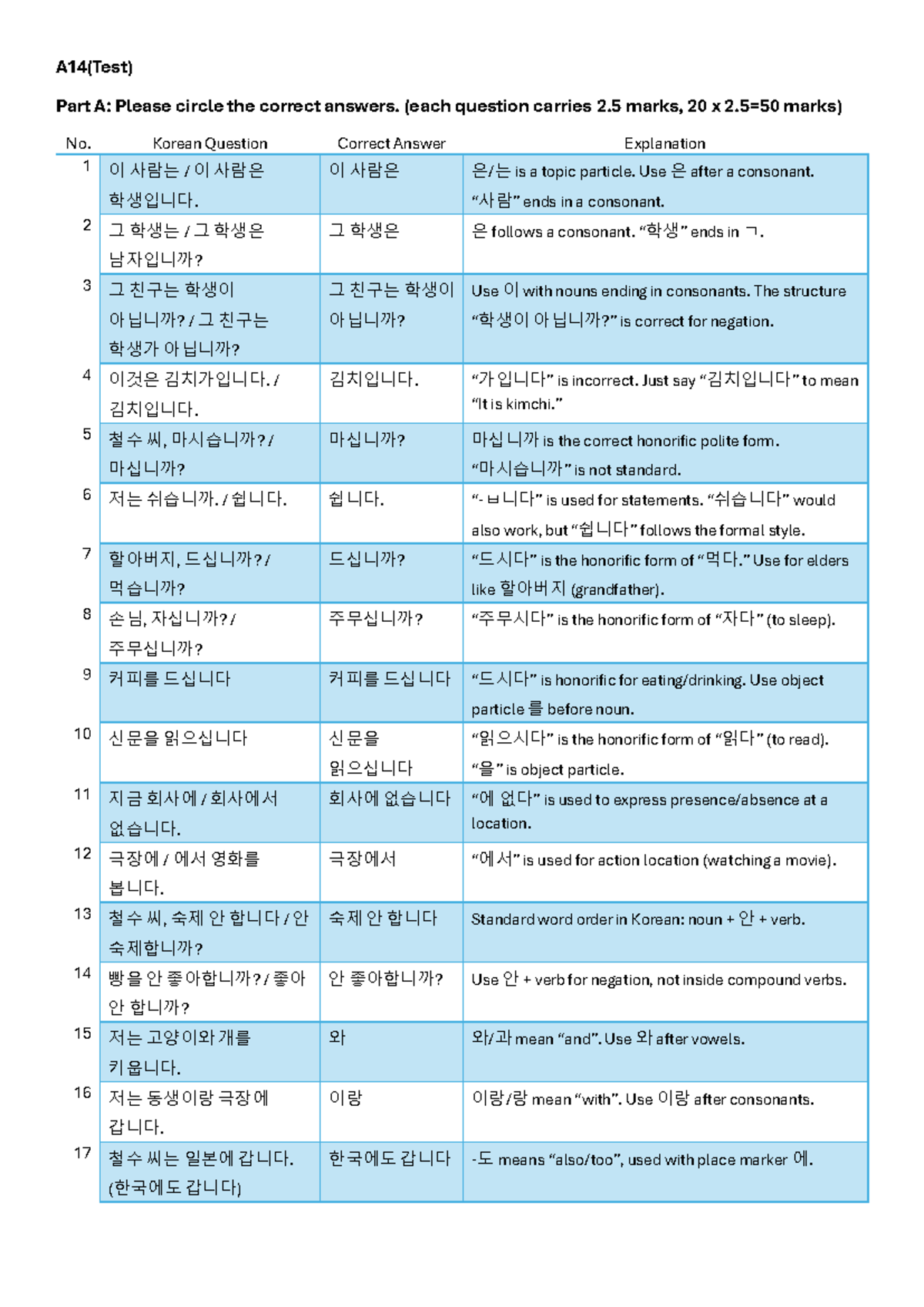 Lpk2403 Test Part A: Korean Language Exercise with Answers - Studocu