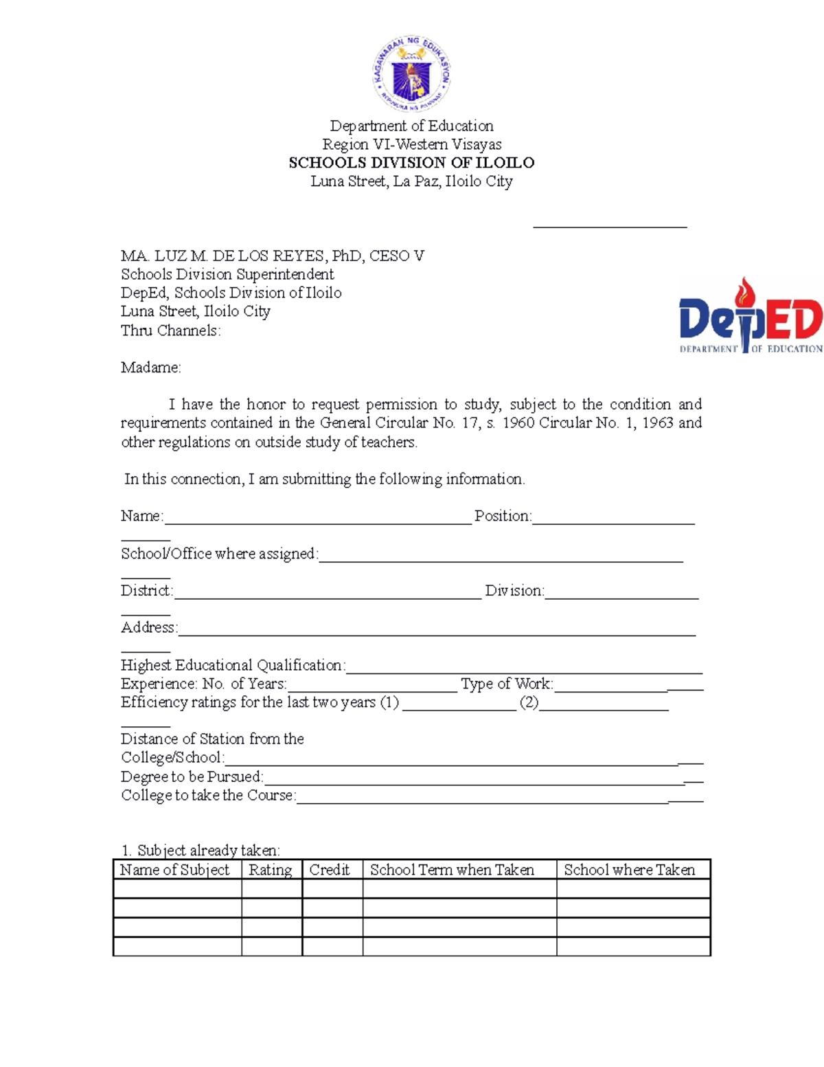 Permit to Study Request Sample - DepEd Region VI (TO Study-1-1) - Studocu