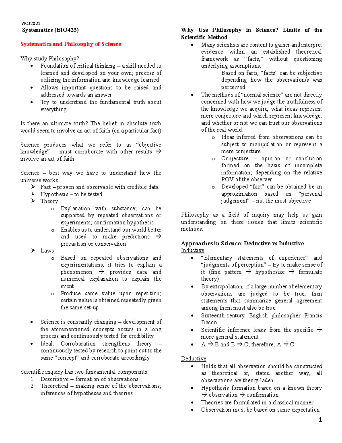 Chapter 4 - Philosophy and Systematics - Systematics (BIO423 ...