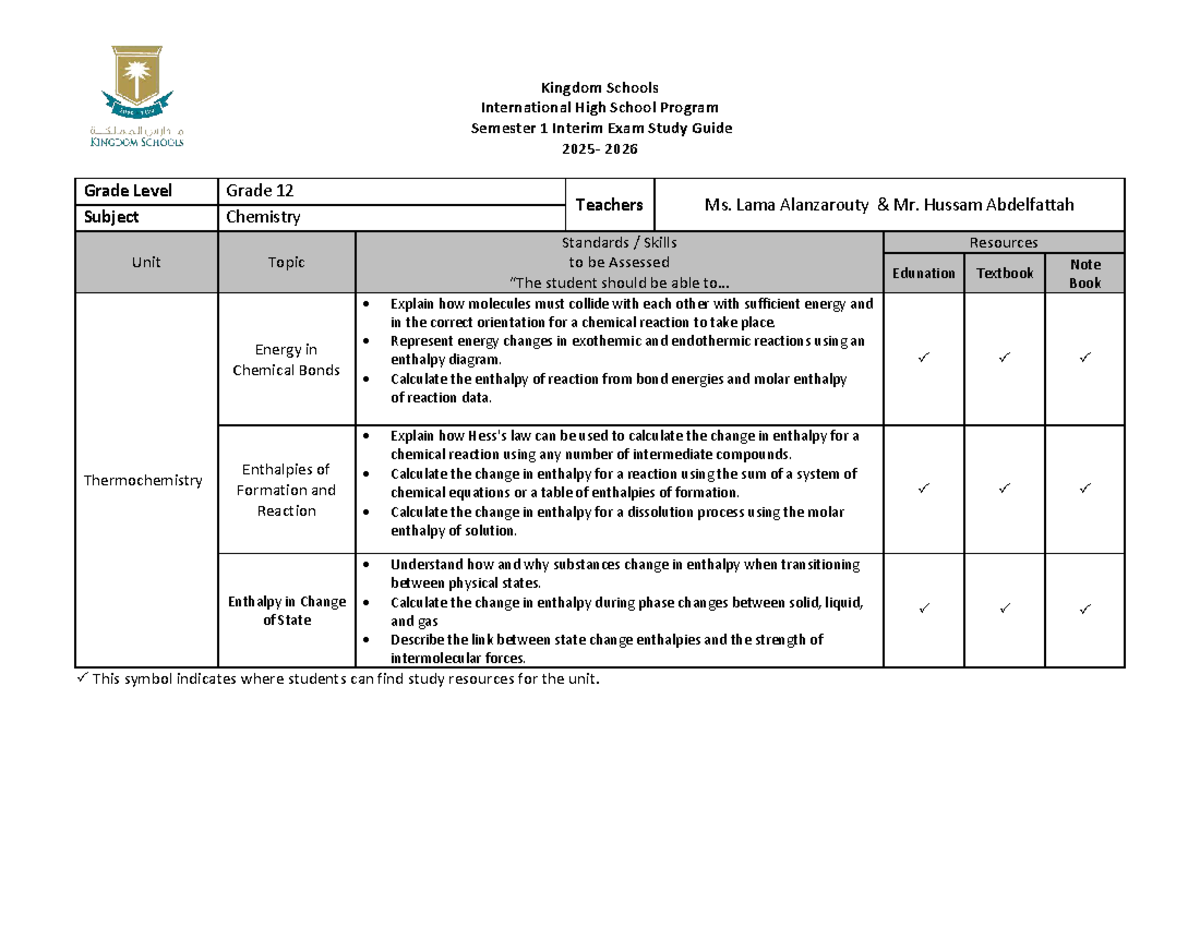 KS 2025-26 Grade 12 Chemistry Semester 1 Interim Exam Study Guide - Studocu