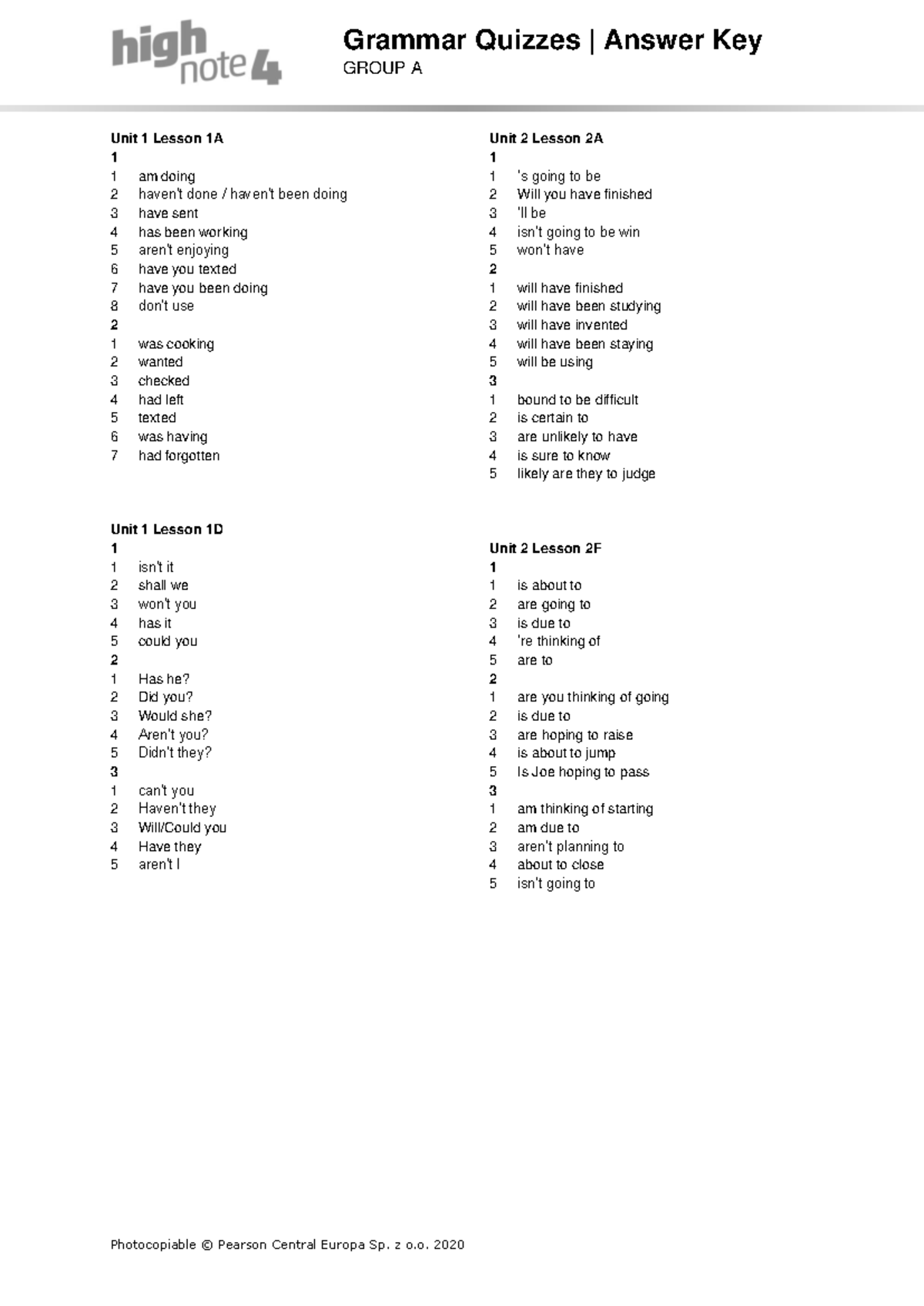2. klasa High Note 4 AK Grammar Quiz Answer Key - Studocu