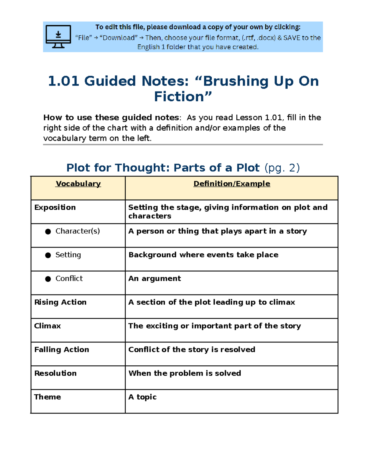 1.01 Guided Notes: Understanding Plot, Setting & Conflicts in Fiction ...