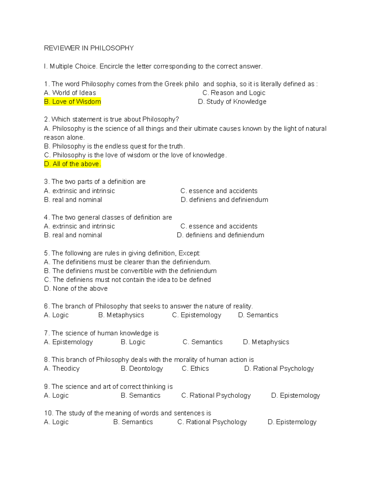 Philo-Reviewer - Practice Questions and Answers in Philosophy - Studocu
