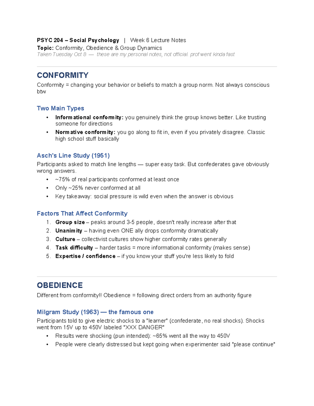 PSYC 204 Social Psychology Week 6 Lecture Notes: Conformity & Obedience ...