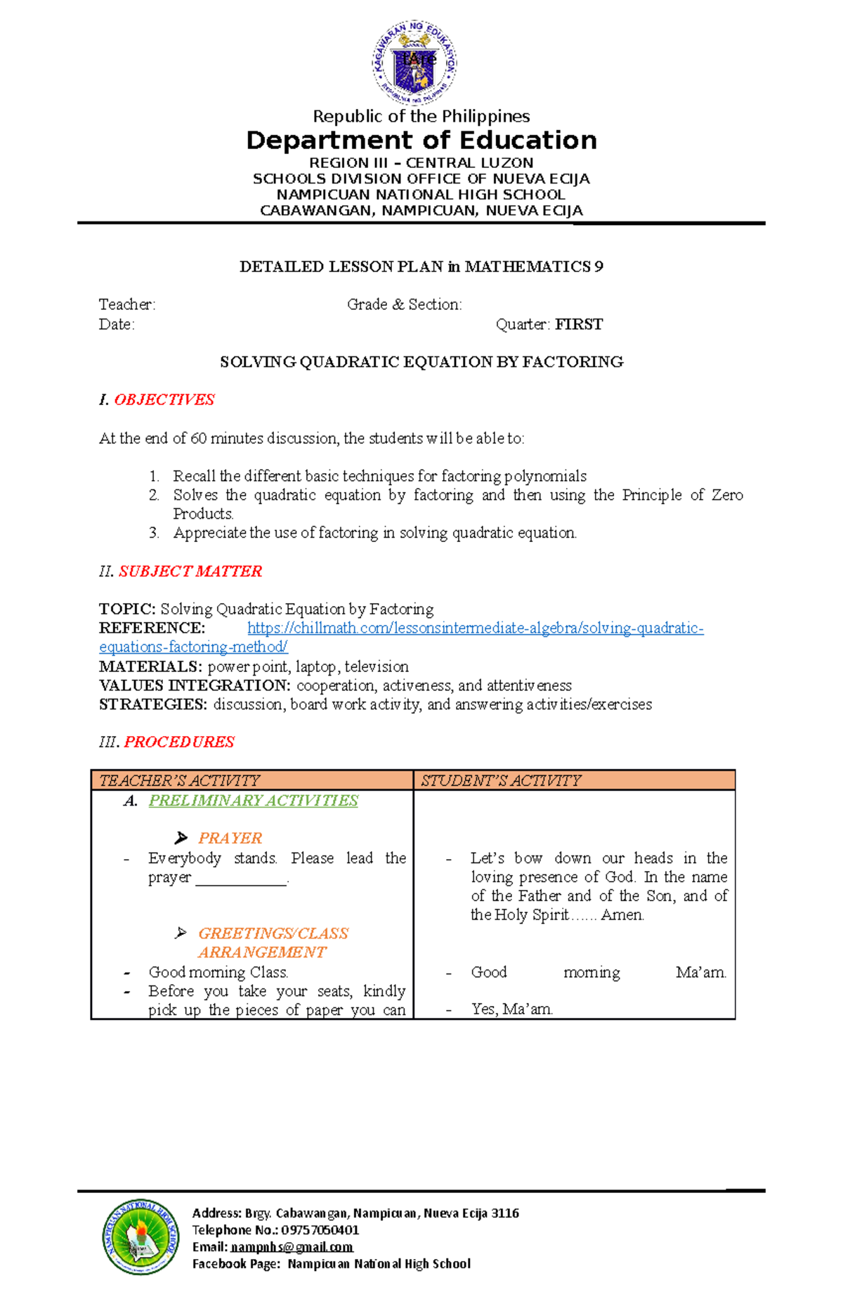 Detailed Lesson Plan on Solving Quadratic Equations (Math 9) - Studocu