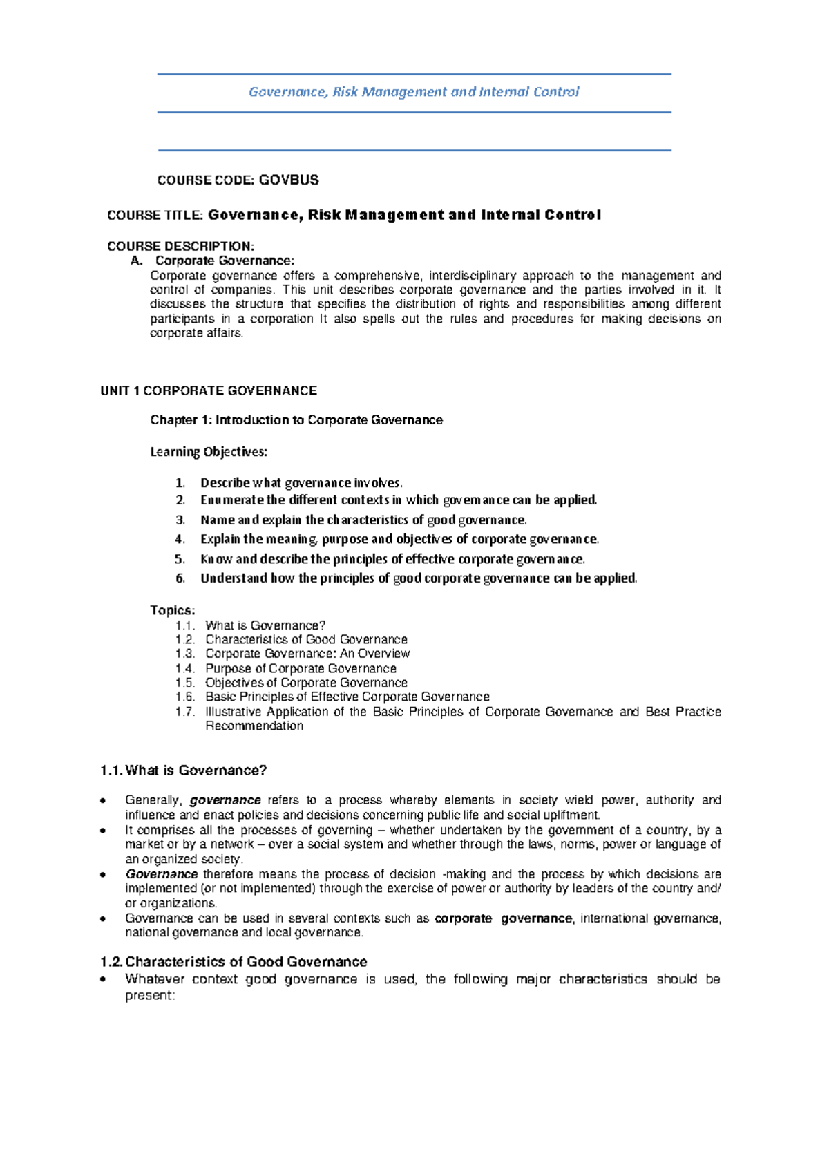 GOVBUS: Chapter 1 - Introduction to Corporate Governance Principles ...