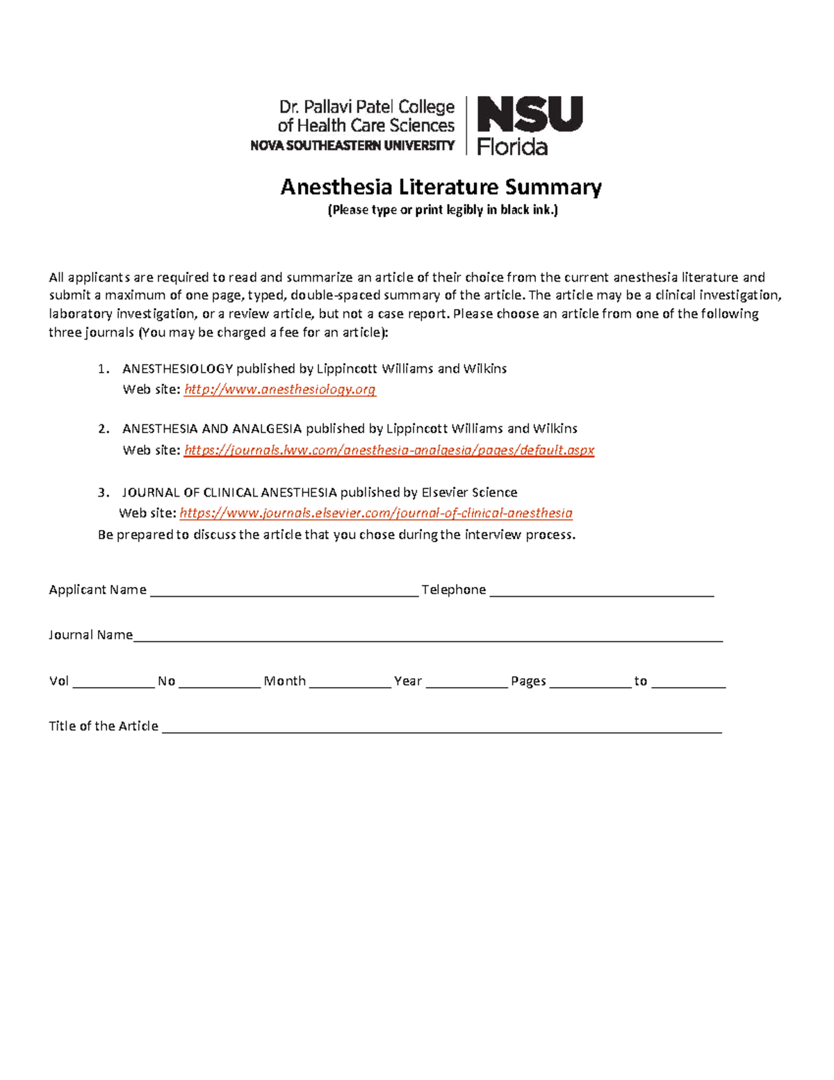Anesthesia Literature Summary Guidelines for Article Submission - Studocu