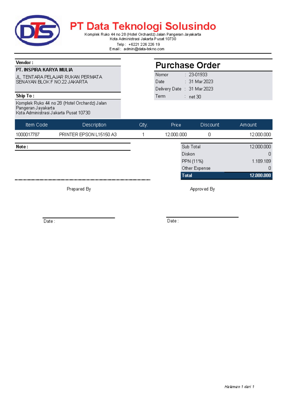 01933 - Purchase Order Details for PT Data Teknologi Solusindo - Studocu