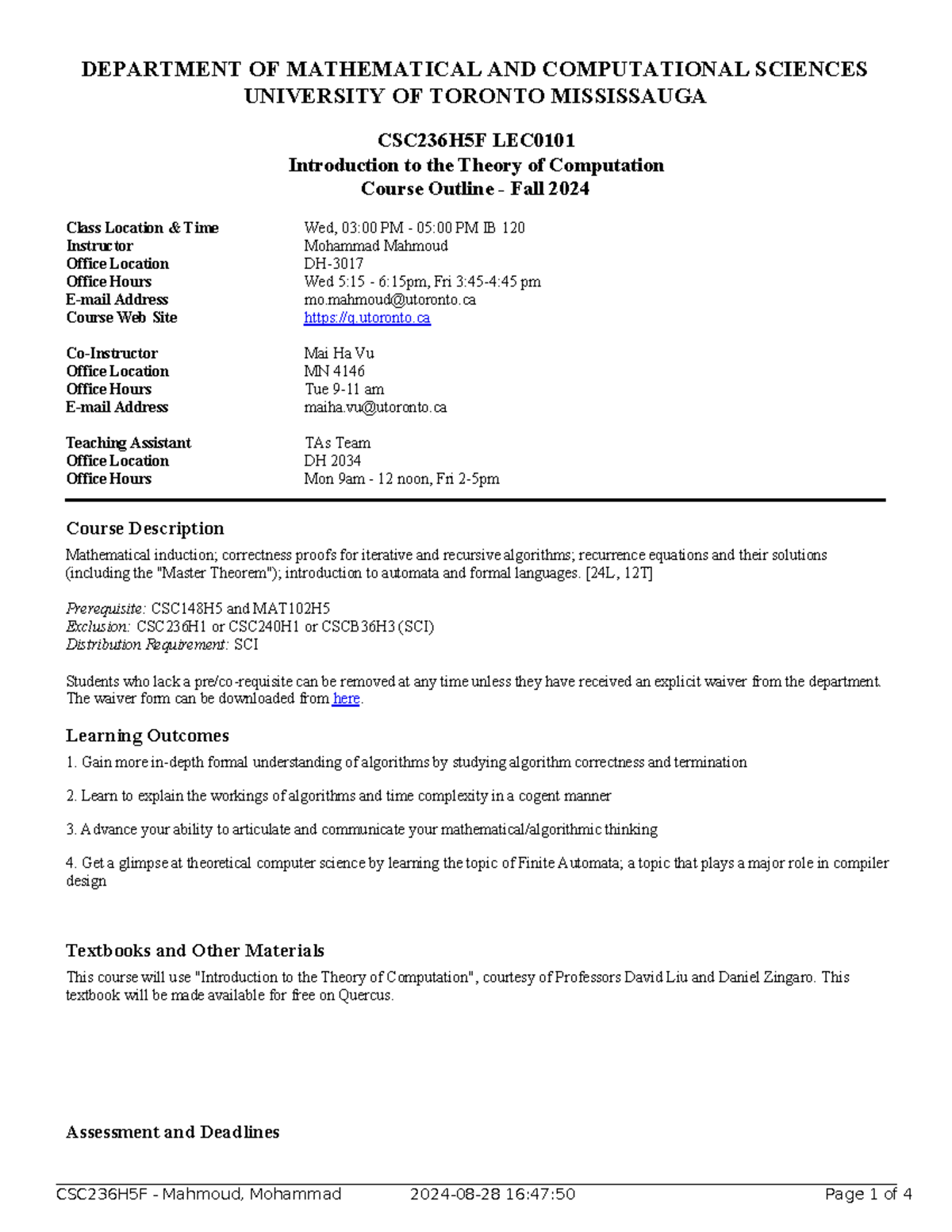 CSC236H5F LEC0101 Fall 2024 Course Outline & Syllabus - Studocu