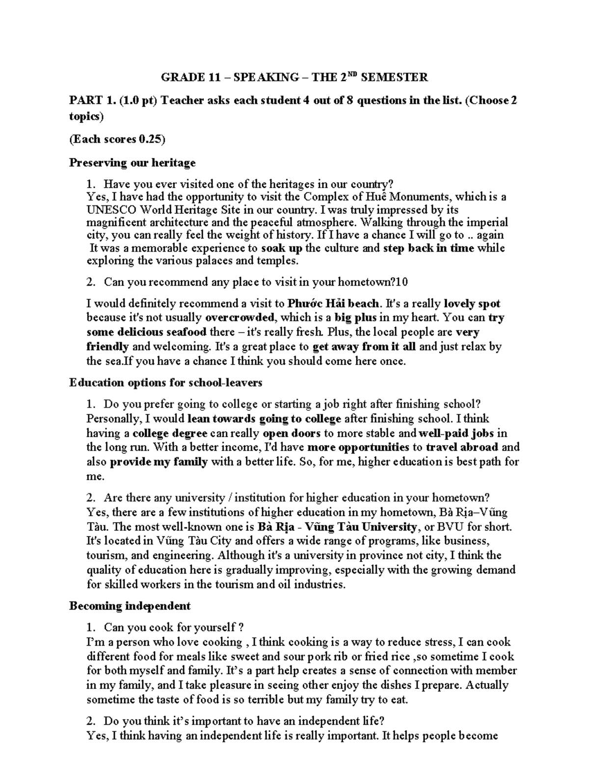 Grade 11 Speaking 2nd Semester Exam Notes - Studocu