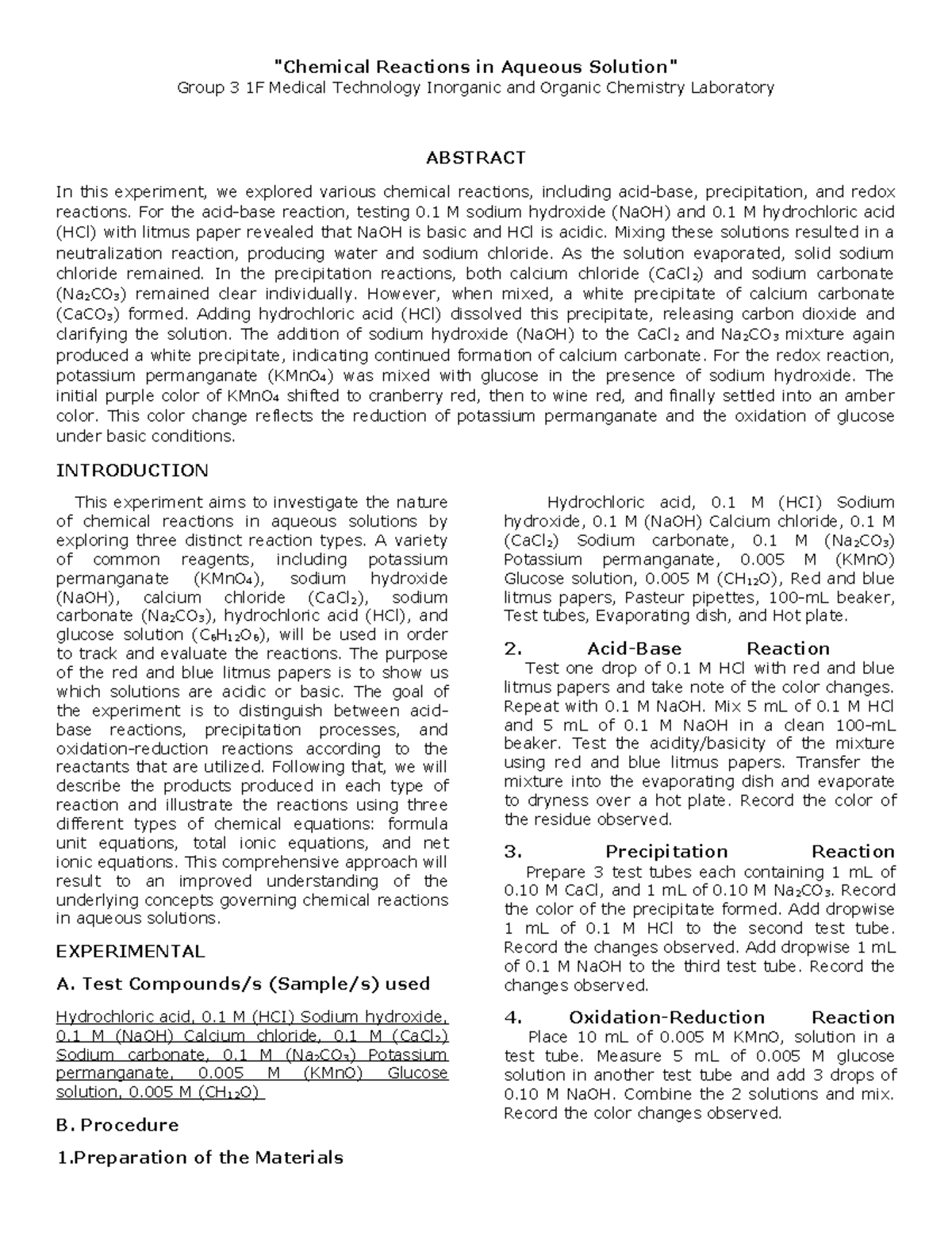 CHEM2 LAB Final Report: Chemical Reactions in Aqueous Solutions - Studocu