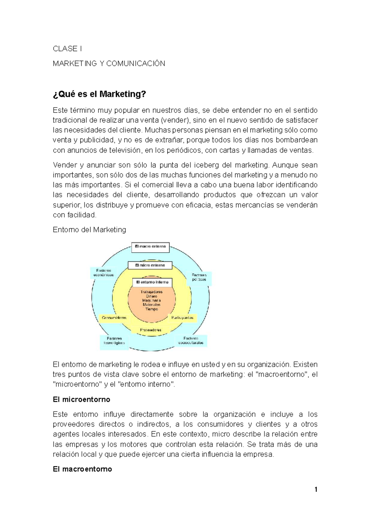 CLASE I - Introducción al Marketing y su Entorno - Studocu