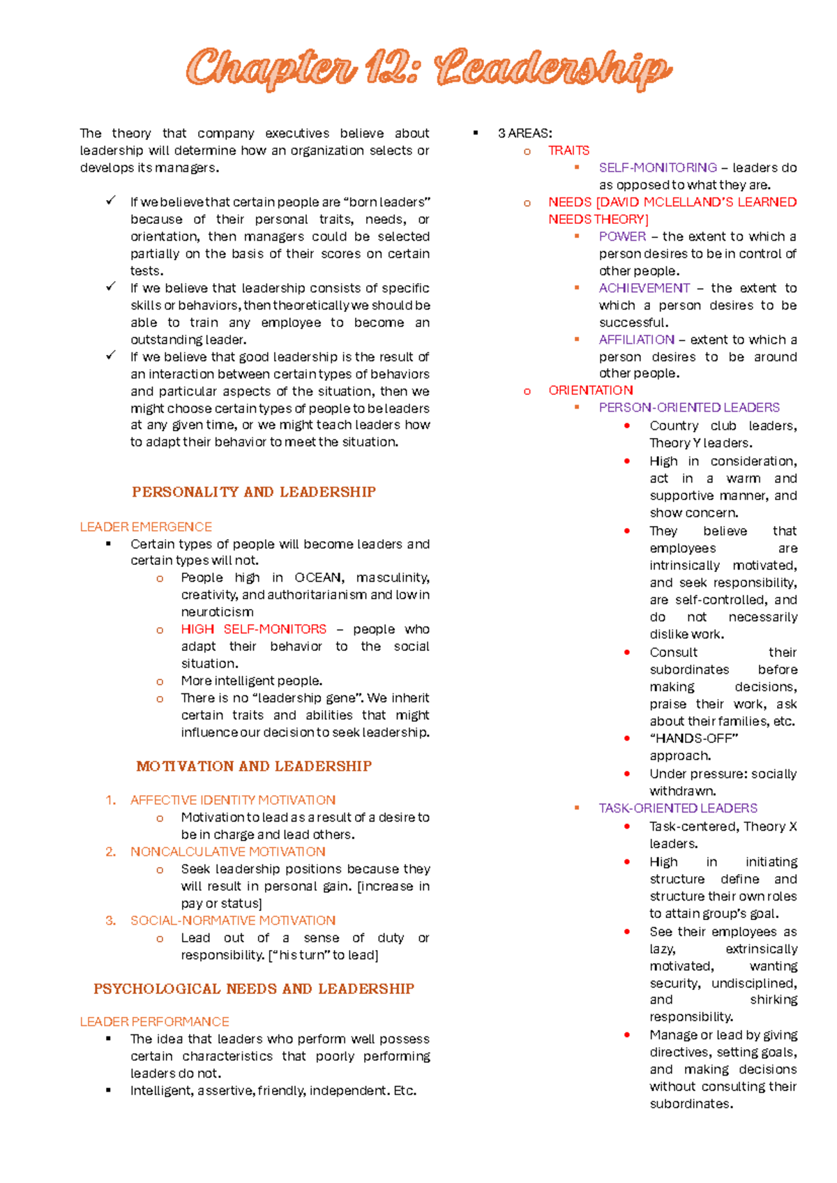 Chapter 12 - I/O Psych: Leadership Theories and Manager Selection - Studocu
