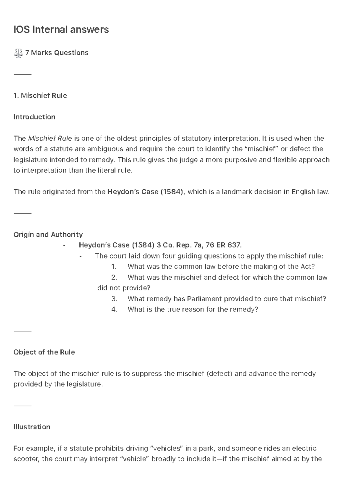 IOS Internal Notes on Mischief Rule & Statutory Interpretation - Studocu
