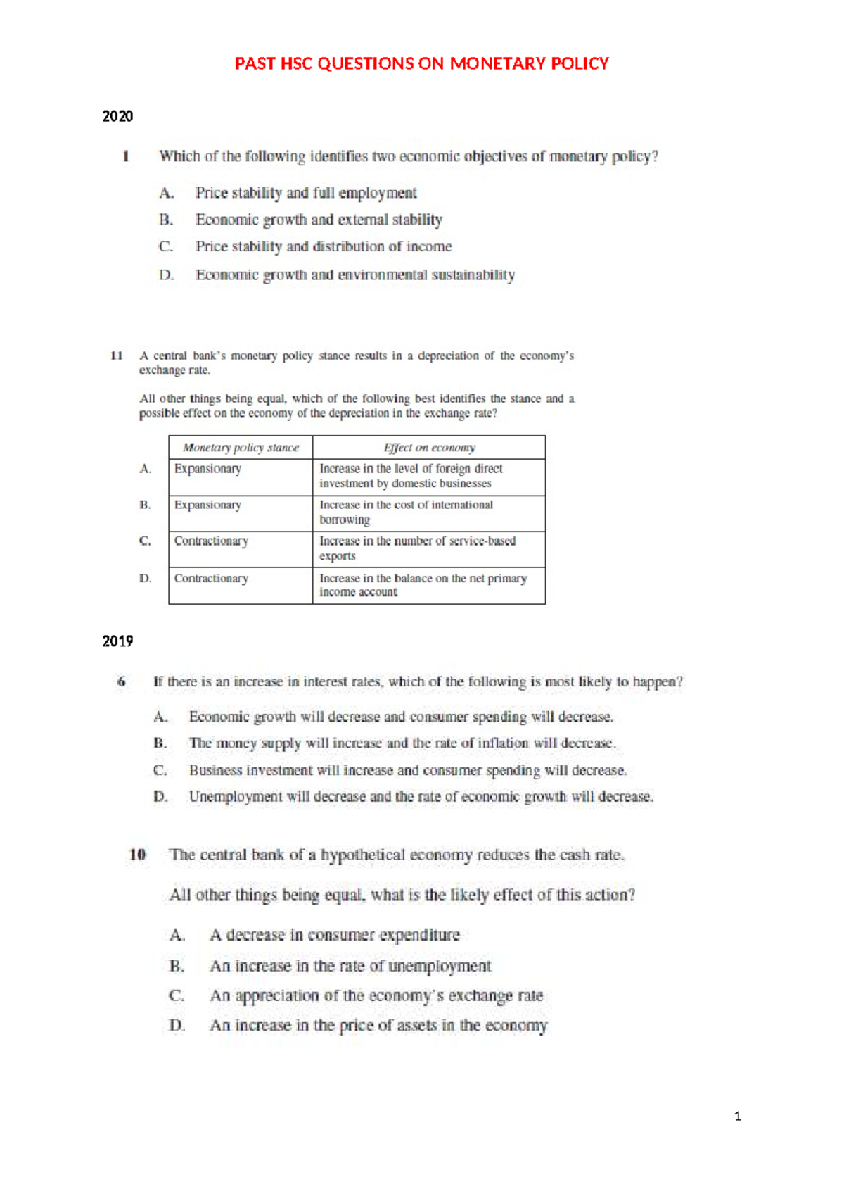 HSC Past Questions on Monetary Policy (2010-2020) - Studocu