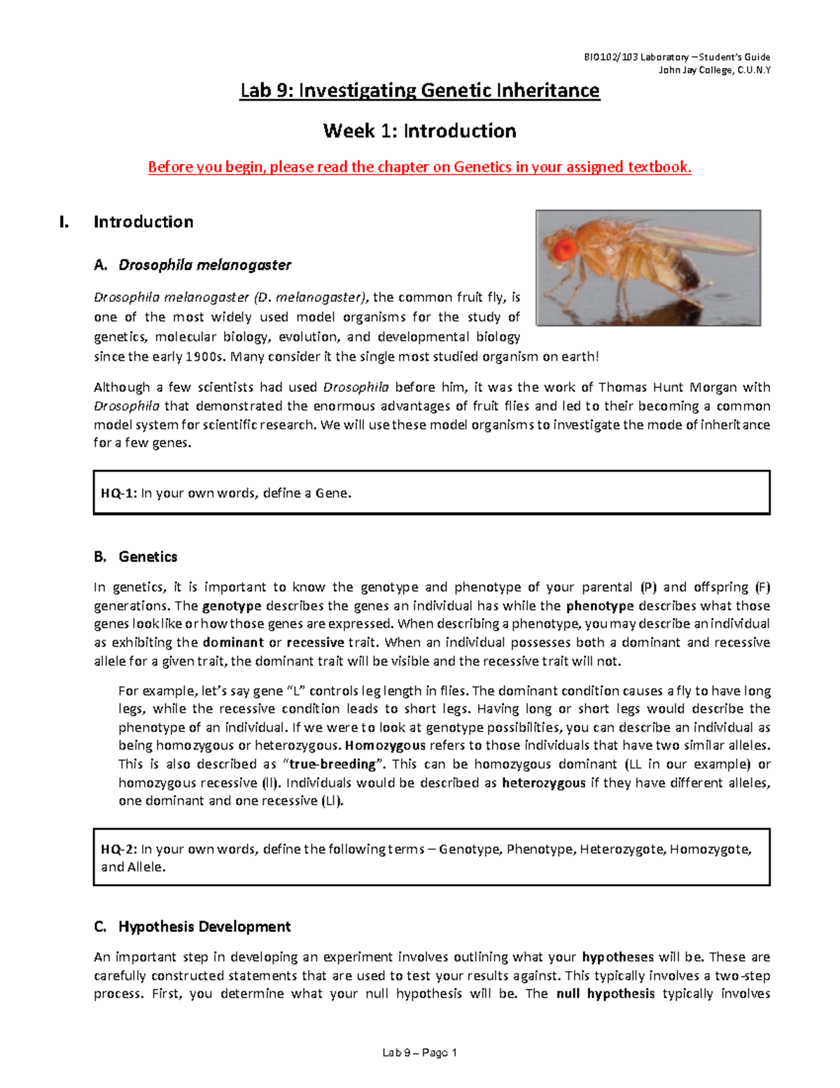 Lab 9: Genetic Inheritance in Drosophila - Study Guide (BIO102/103 ...