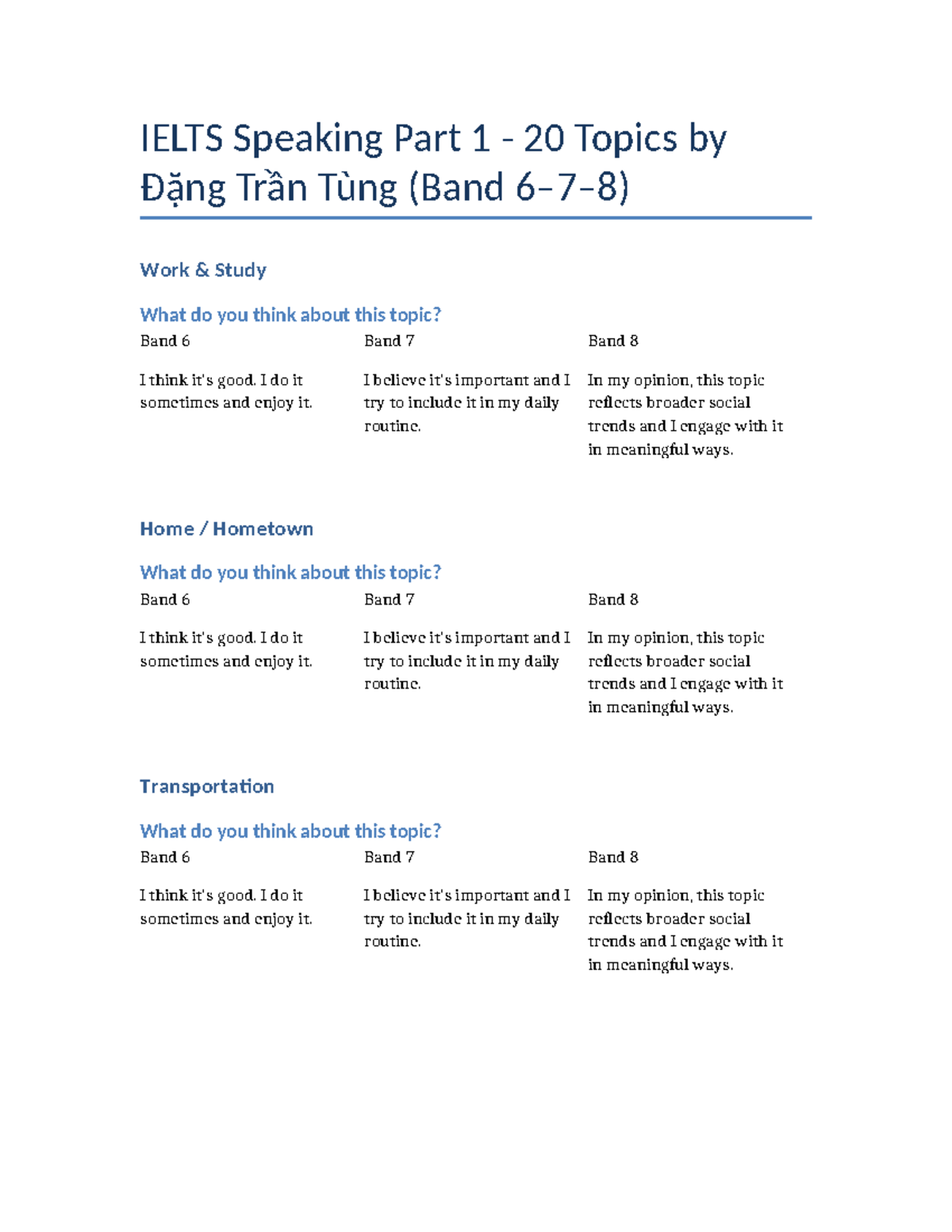 IELTS Speaking Part 1: 20 Topics for Band 6, 7, and 8 Preparation - Studocu