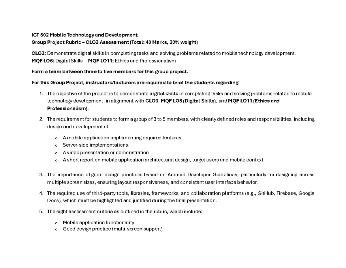 ICT 602 Group Project Rubric: Mobile Tech Development Assessment - Studocu