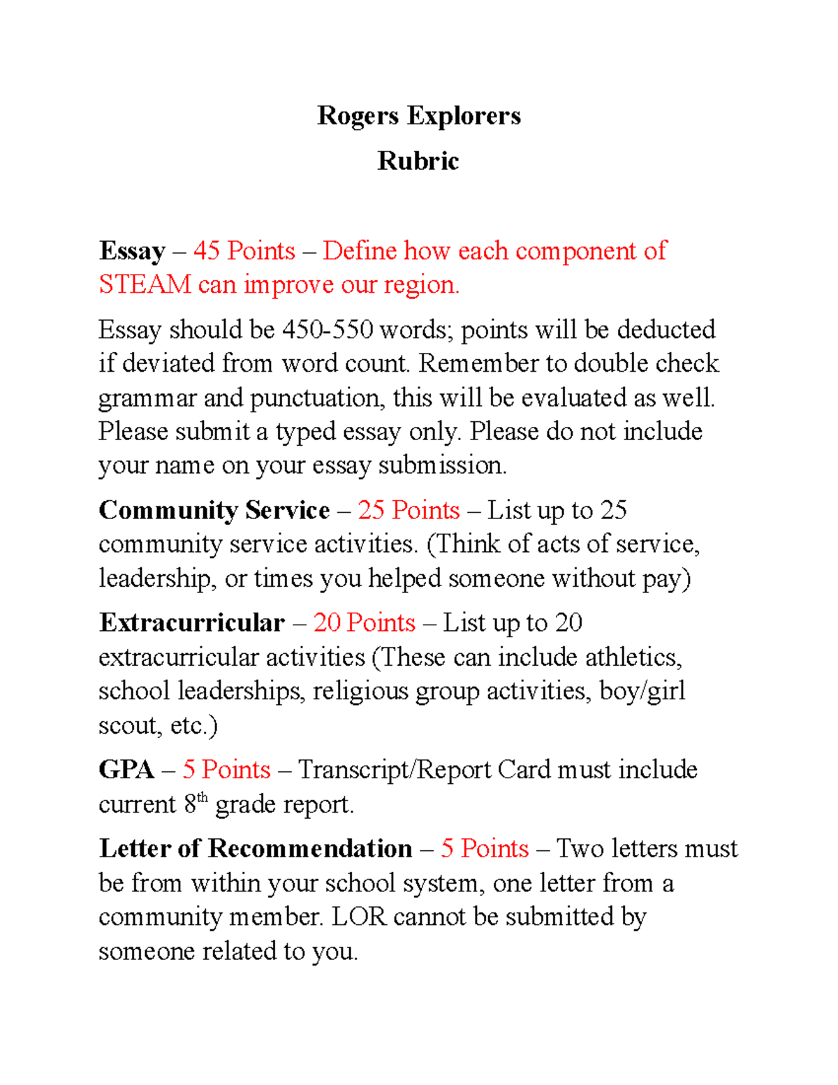 Rogers Explorers Rubric Essay: STEAM Impact & Community Service - Studocu
