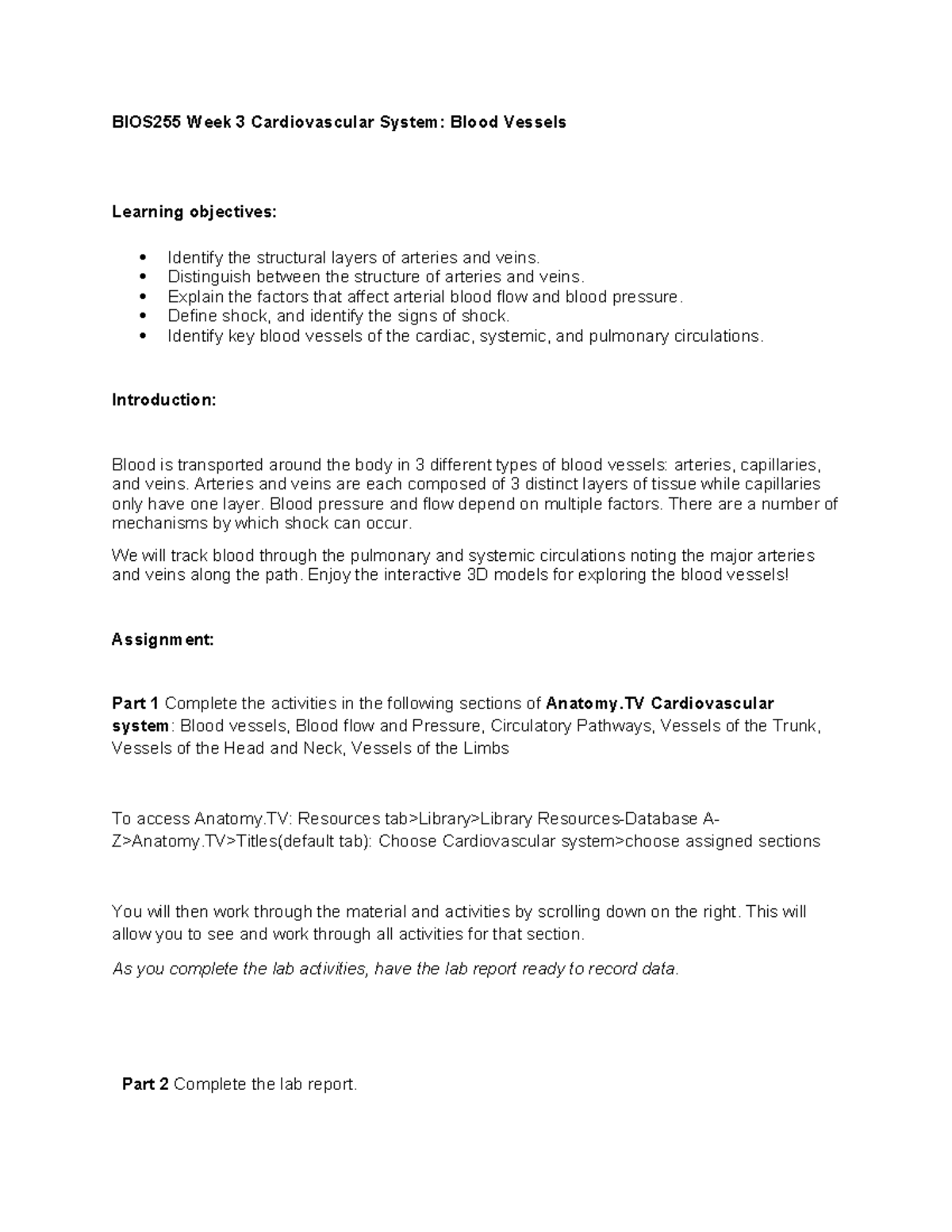 BIO255 Week 3 Lab: Cardiovascular System & Blood Vessels Overview - Studocu