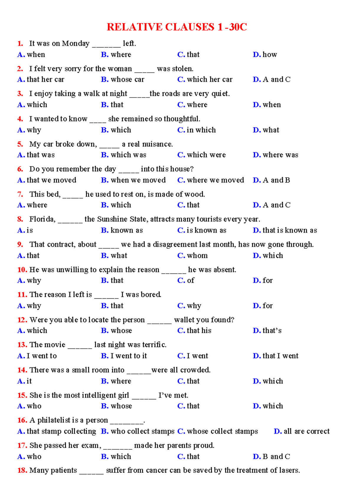29-MĐQH 1-30C-SHUB - Relative Clauses Exercises and Answers - Studocu