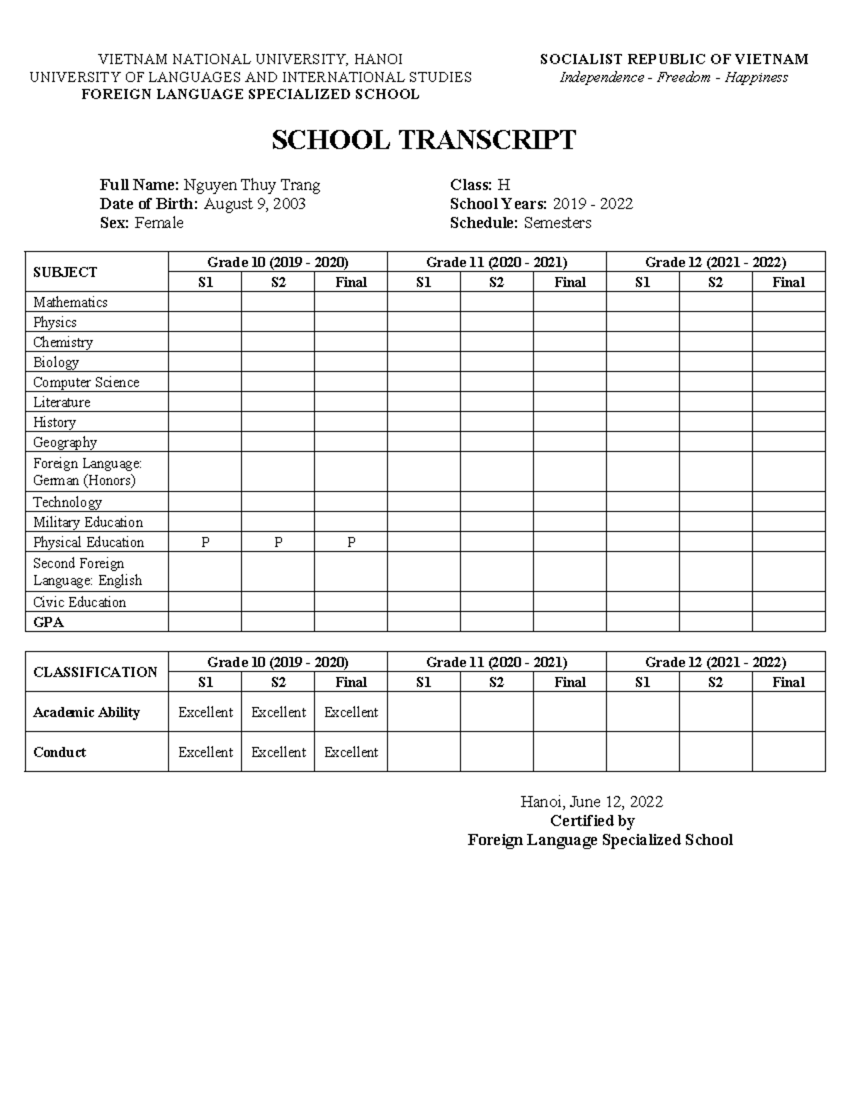 FLSS Transcript 10-12: Nguyen Thuy Trang's Academic Record - Studocu