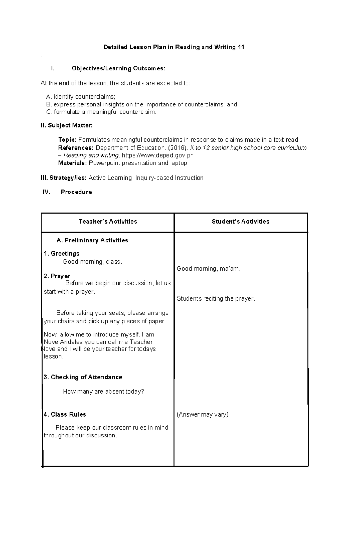 Detailed Lesson Plan: Formulating Counterclaims in Reading & Writing 11 ...
