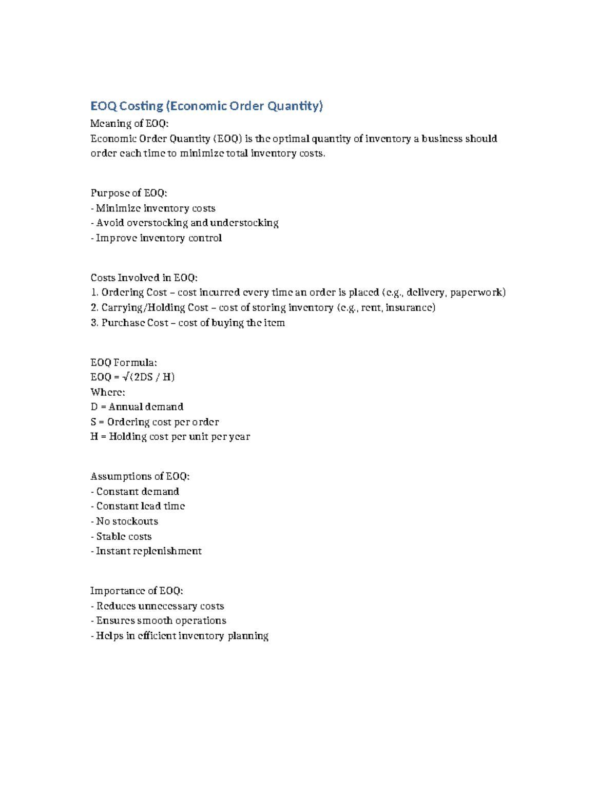EOQ Costing Notes: Understanding Economic Order Quantity (EOQ) - Studocu