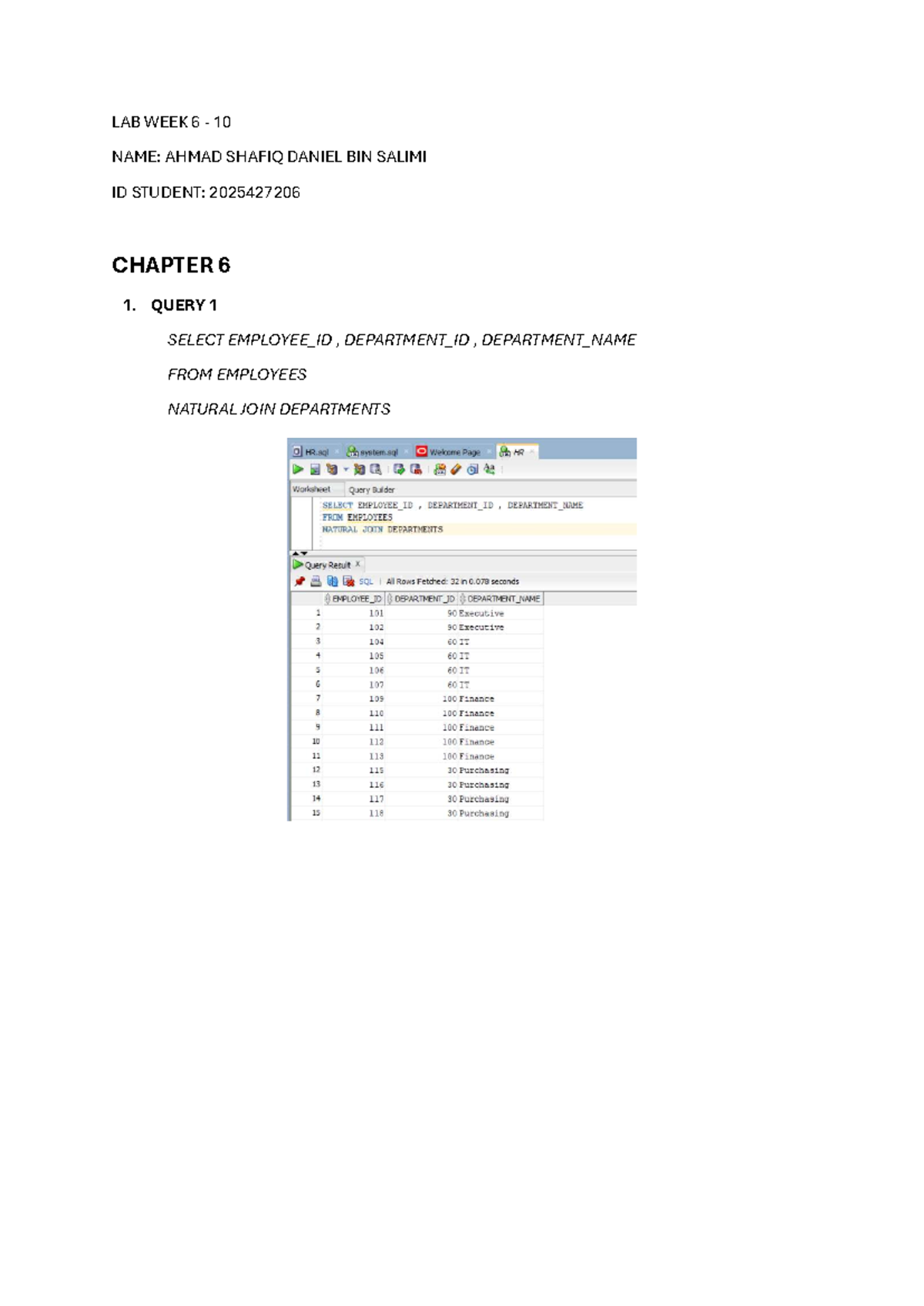 LAB WEEK 6 - 10 TUTORIAL: SQL Queries & Schema Creation - Studocu