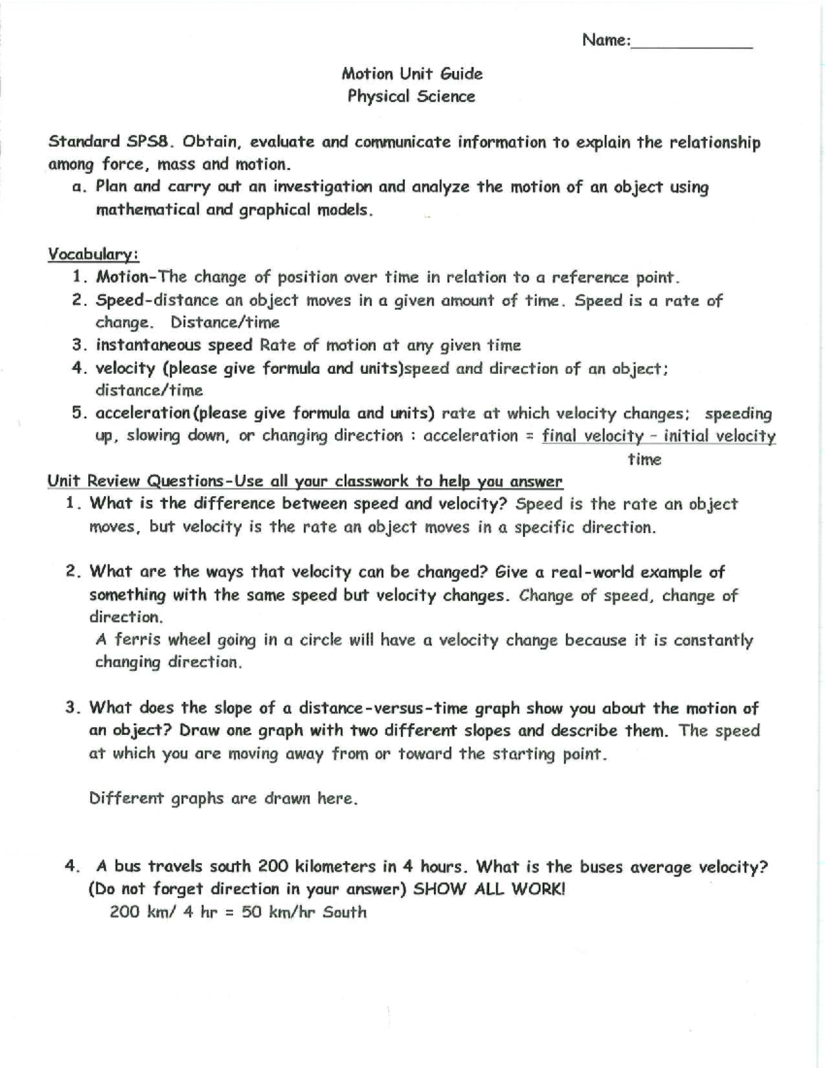 Motion Unit Study Guide: Understanding Force, Mass, and Motion (SPS8 ...