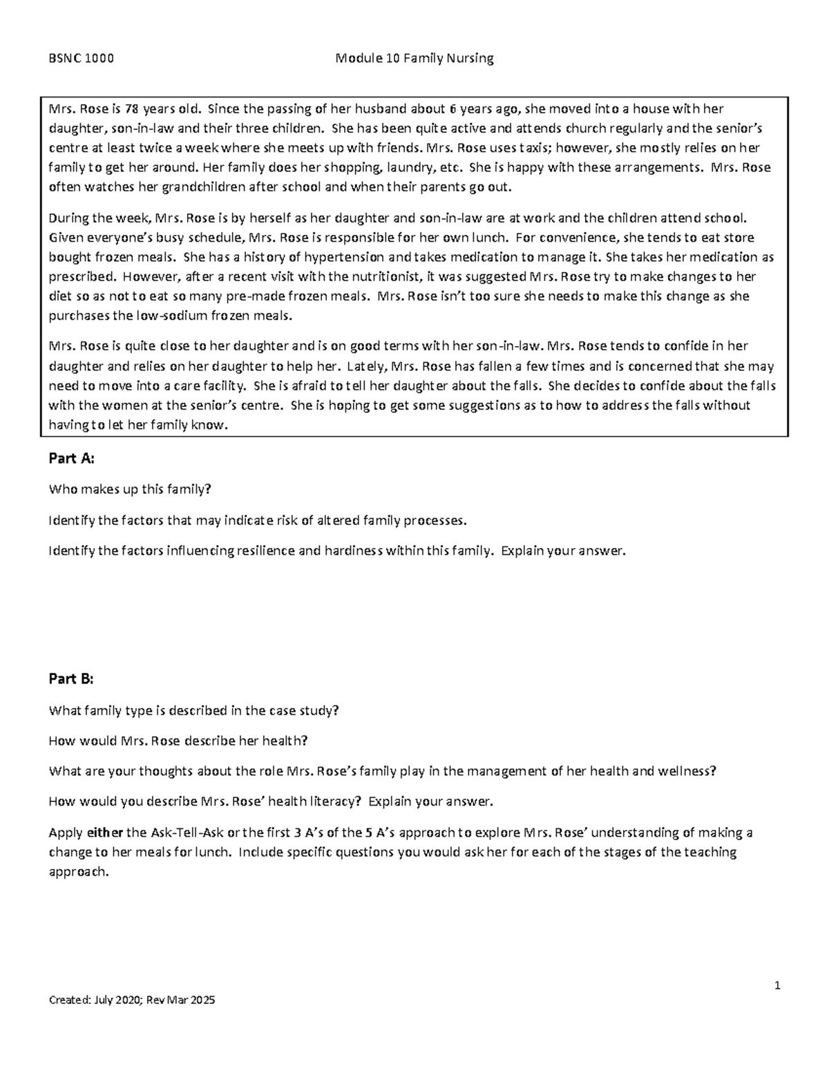 BSNC1000 Family Case Study: Mrs. Rose's Health & Family Dynamics - Studocu