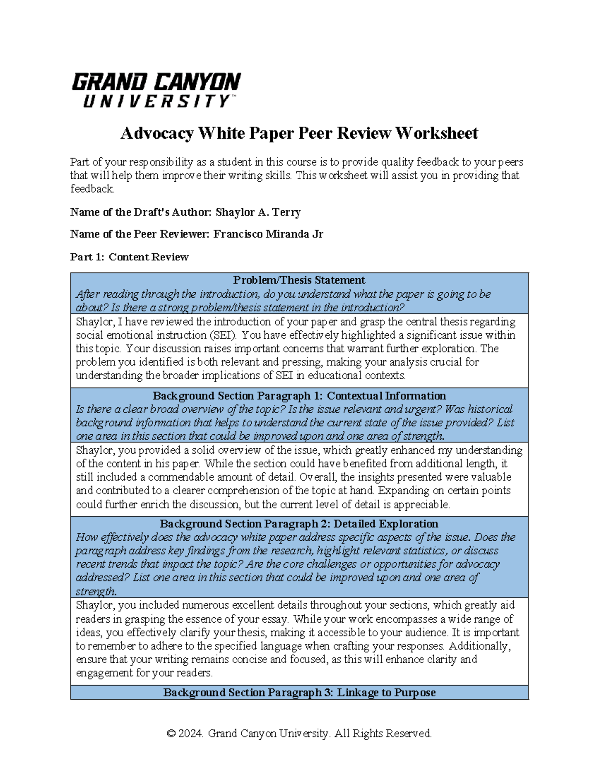 GCU 2024 Advocacy White Paper Peer Review Worksheet - Studocu